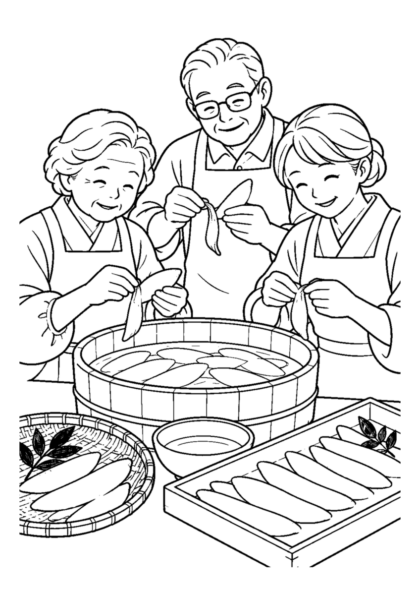 家族で数の子の薄皮をむく。高齢者を含む家族2人から3人が協力し、迎春の道具や料理を大きく扱う場面。白黒の高齢者向け塗り絵