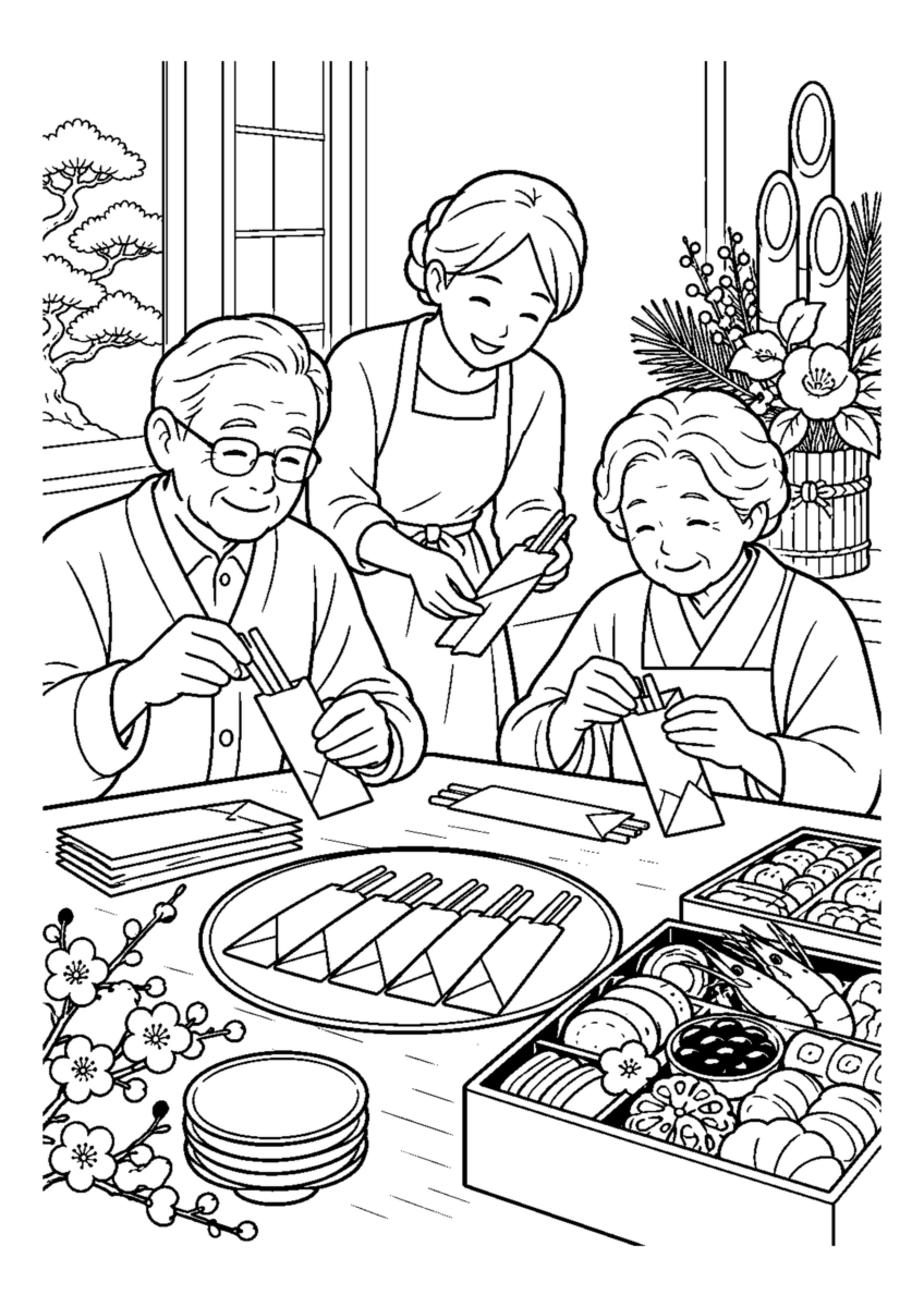 家族で祝い箸を包む。高齢者を含む家族2人から3人が協力し、迎春の道具や料理を大きく扱う場面。白黒の高齢者向け塗り絵