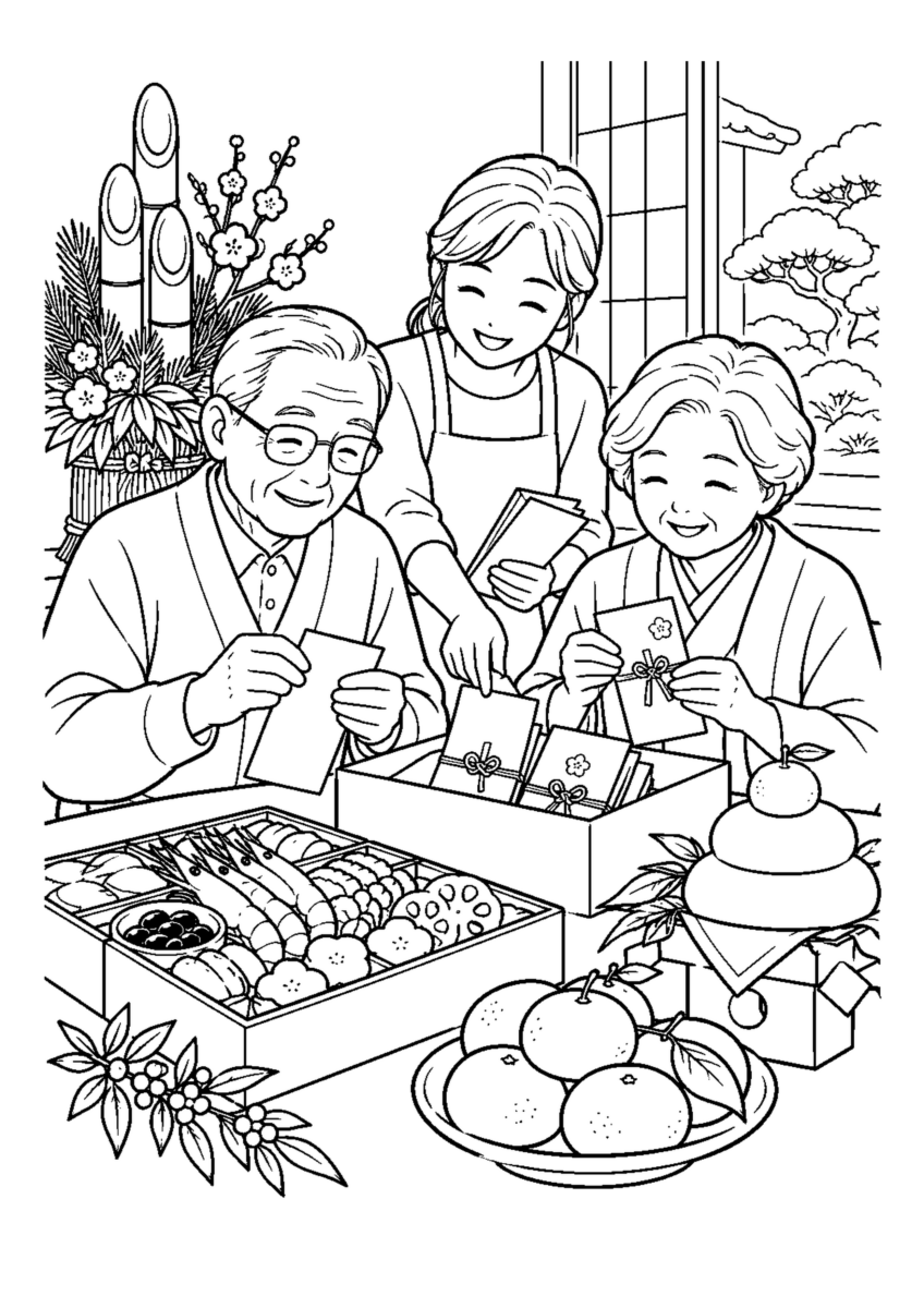 家族でお年玉袋を準備。高齢者を含む家族2人から3人が協力し、迎春の道具や料理を大きく扱う場面。白黒の高齢者向け塗り絵
