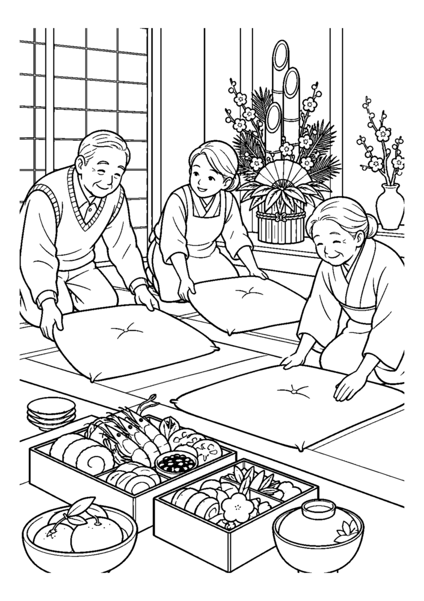 家族で新年の座布団を並べる。高齢者を含む家族2人から3人が協力し、迎春の道具や料理を大きく扱う場面。白黒の高齢者向け塗り絵