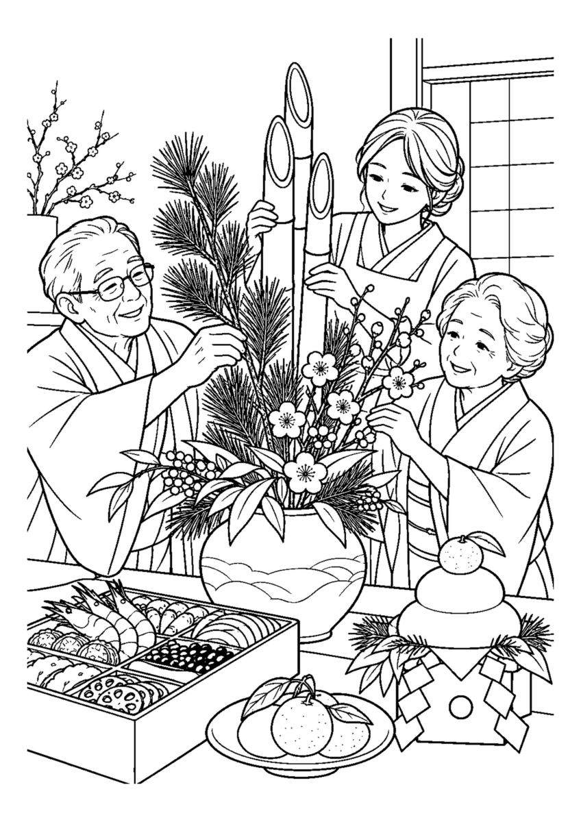 家族で松竹梅を生ける。高齢者を含む家族2人から3人が協力し、迎春の道具や料理を大きく扱う場面。白黒の高齢者向け塗り絵