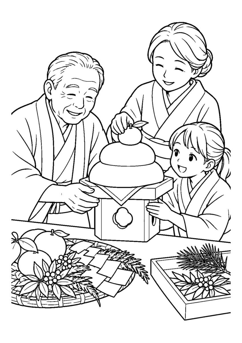 家族で鏡餅の三方を組む。高齢者を含む家族2人から3人が協力し、迎春の道具や料理を大きく扱う場面。白黒の高齢者向け塗り絵