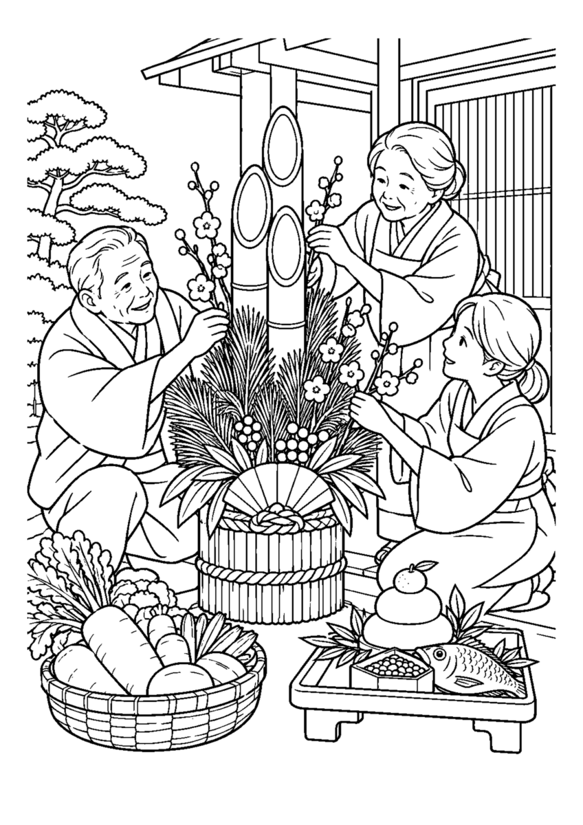 家族で門松に梅枝を添える。高齢者を含む家族2人から3人が協力し、迎春の道具や料理を大きく扱う場面。白黒の高齢者向け塗り絵