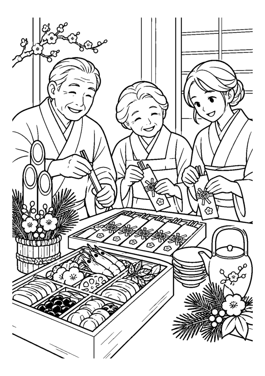 家族で新しい箸をそろえる。高齢者を含む家族2人から3人が協力し、迎春の道具や料理を大きく扱う場面。白黒の高齢者向け塗り絵