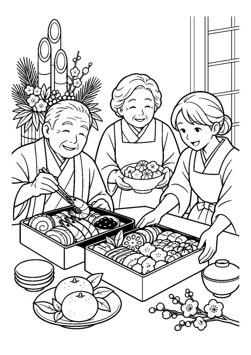 家族で年越しの食卓を囲む。高齢者を含む家族2人から3人が協力し、迎春の道具や料理を大きく扱う場面。白黒の高齢者向け塗り絵