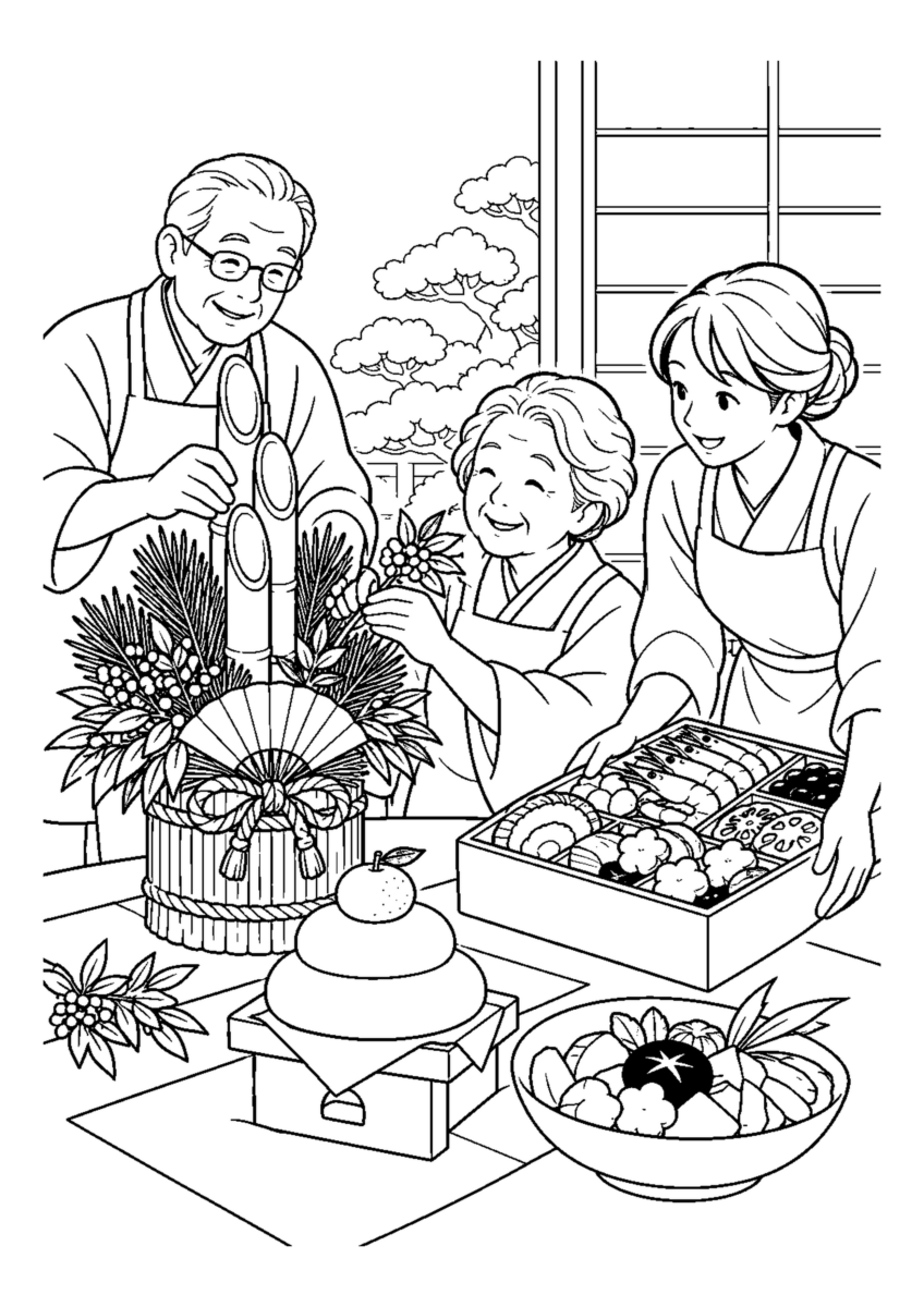 家族で今年の思い出を話す。高齢者を含む家族2人から3人が協力し、迎春の道具や料理を大きく扱う場面。白黒の高齢者向け塗り絵