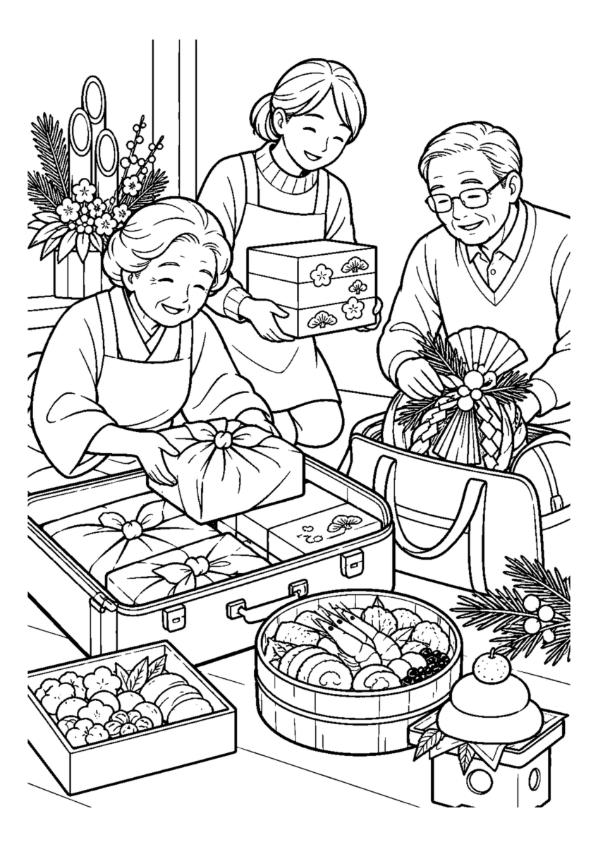 家族で帰省の荷造り。高齢者を含む家族2人から3人が協力し、迎春の道具や料理を大きく扱う場面。白黒の高齢者向け塗り絵