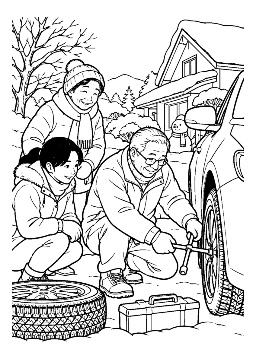 家族で冬タイヤを確認。高齢者を含む家族2人から3人と十二月らしい冬の背景や道具を大きく描く場面。白黒の高齢者向け塗り絵