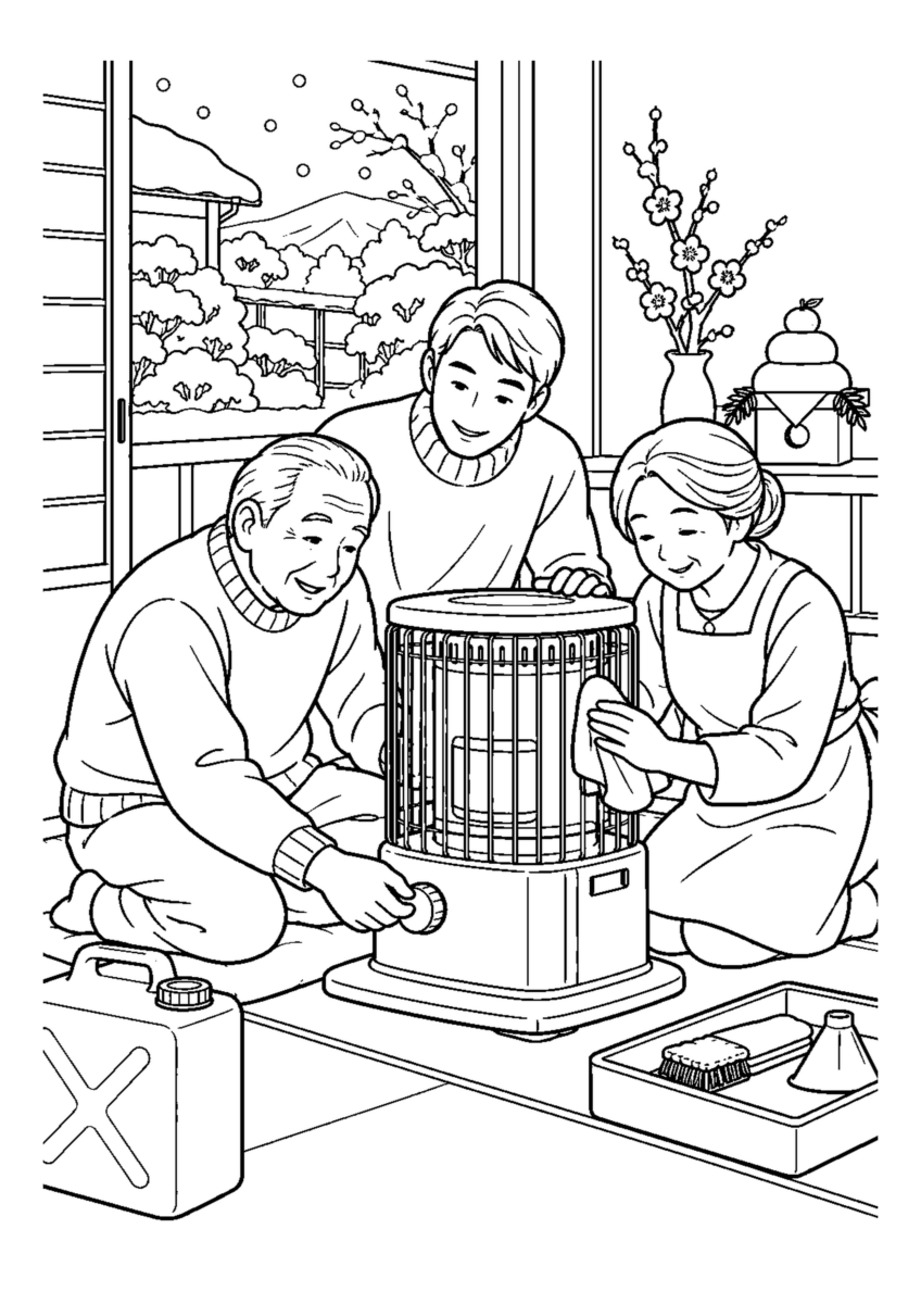 家族で暖房器具を点検。高齢者を含む家族2人から3人と十二月らしい冬の背景や道具を大きく描く場面。白黒の高齢者向け塗り絵