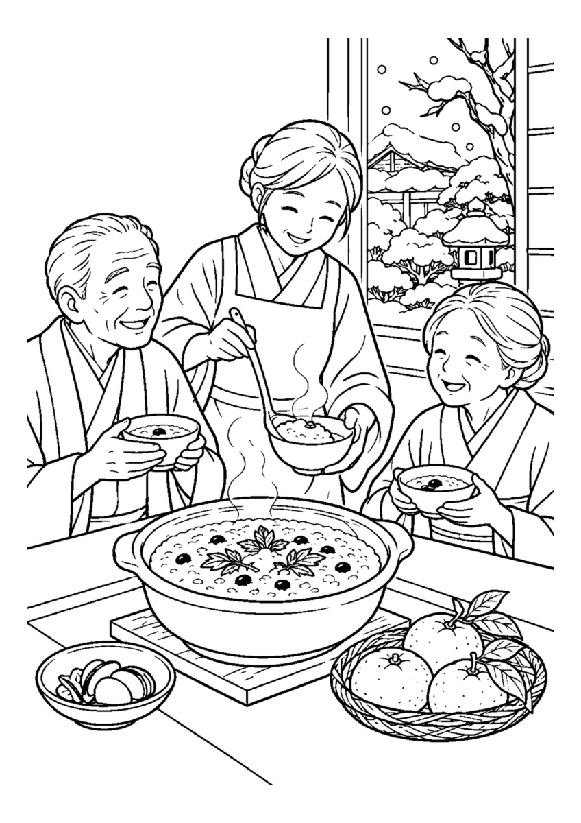 家族で冬至粥を囲む。高齢者を含む家族2人から3人と十二月らしい冬の背景や道具を大きく描く場面。白黒の高齢者向け塗り絵
