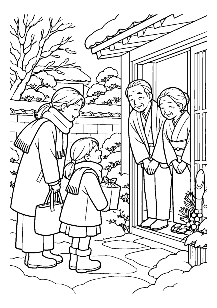 家族で年末の挨拶回り。高齢者を含む家族2人から3人と十二月らしい冬の背景や道具を大きく描く場面。白黒の高齢者向け塗り絵