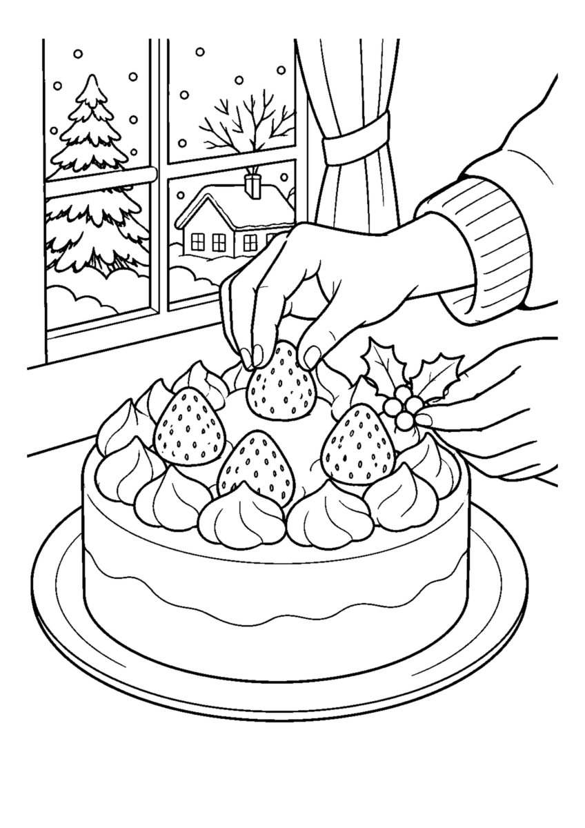 丸いケーキへ苺5個と飾りを載せる手元。白黒の高齢者向け塗り絵
