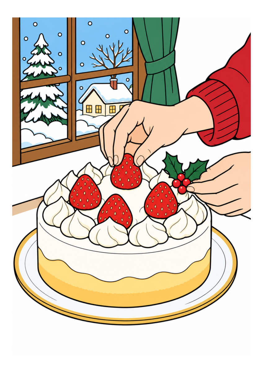 同じ「クリスマスケーキの飾り」の図案を自然な冬の色で塗った着色見本