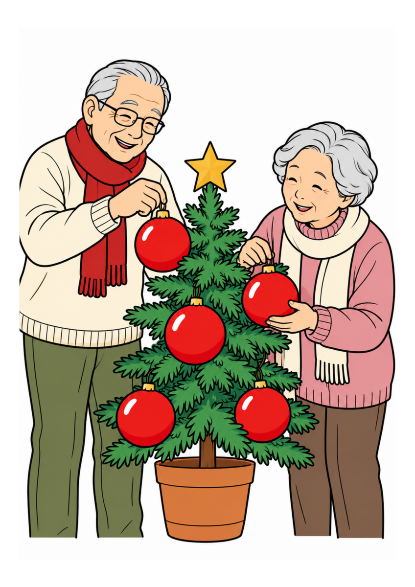 同じ「クリスマスツリーを飾る」の図案を自然な冬の色で塗った着色見本