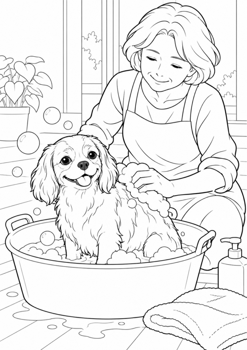泡風呂を楽しむ犬を描いた高齢者向けの白黒線画塗り絵