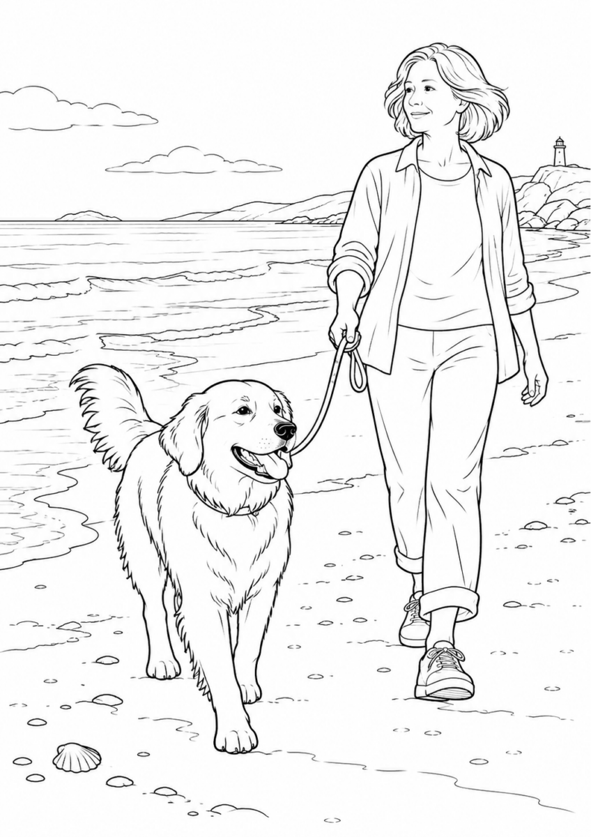 砂浜を歩く犬を描いた高齢者向けの白黒線画塗り絵