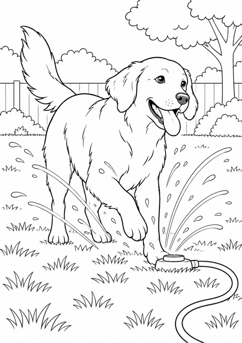 庭で水遊びする犬を描いた高齢者向けの白黒線画塗り絵