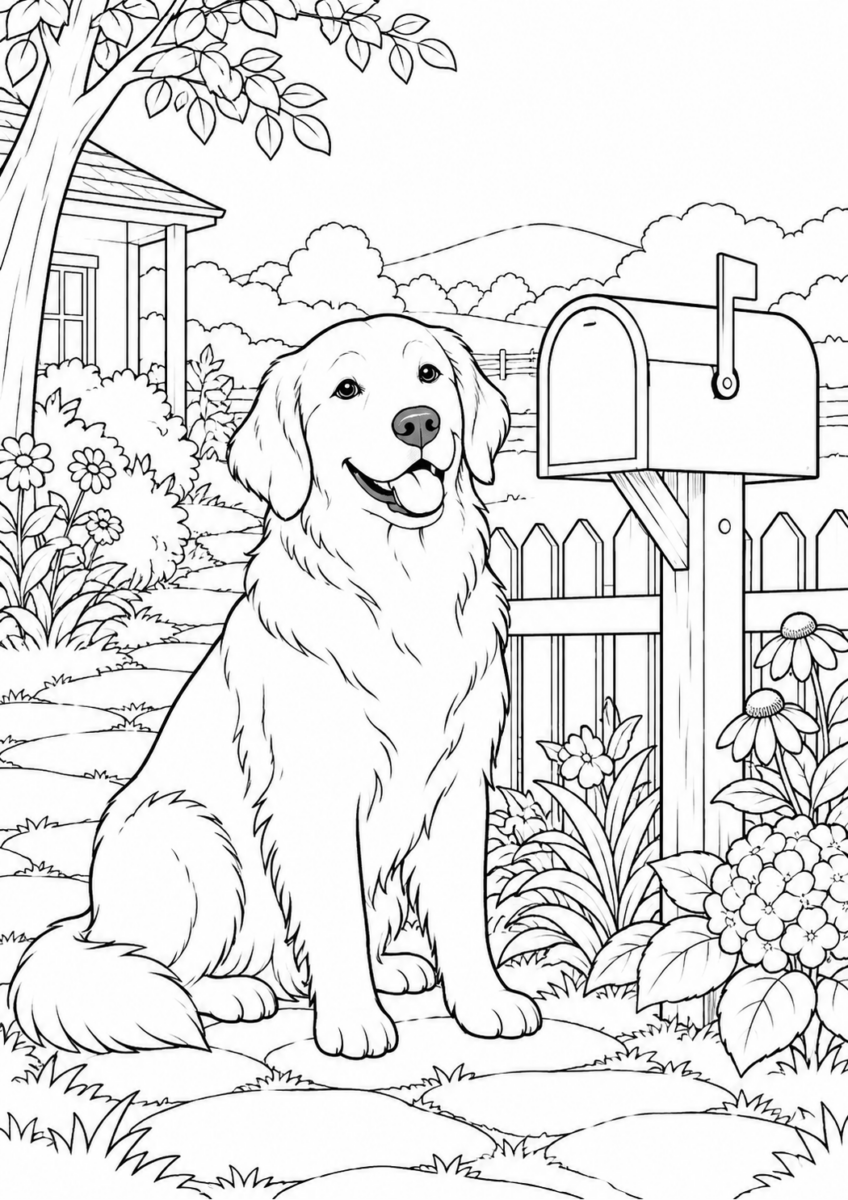郵便受けのそばで待つ犬を描いた高齢者向けの白黒線画塗り絵