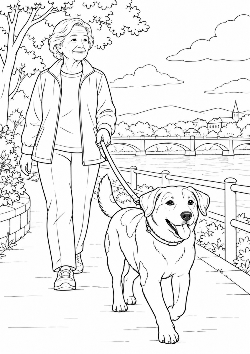 川辺を散歩する犬を描いた高齢者向けの白黒線画塗り絵