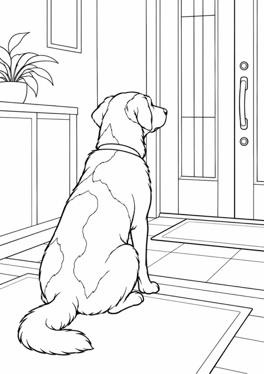 玄関で家族を待つ犬を描いた高齢者向けの白黒線画塗り絵