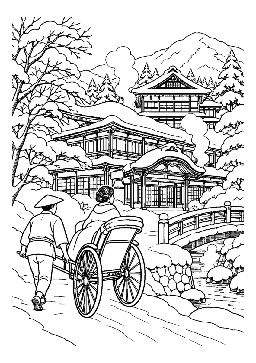 湯気の上がる温泉本館と人力車1台。白黒の高齢者向け塗り絵