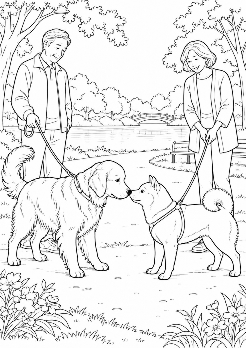 公園であいさつする二匹の犬を描いた高齢者向けの白黒線画塗り絵