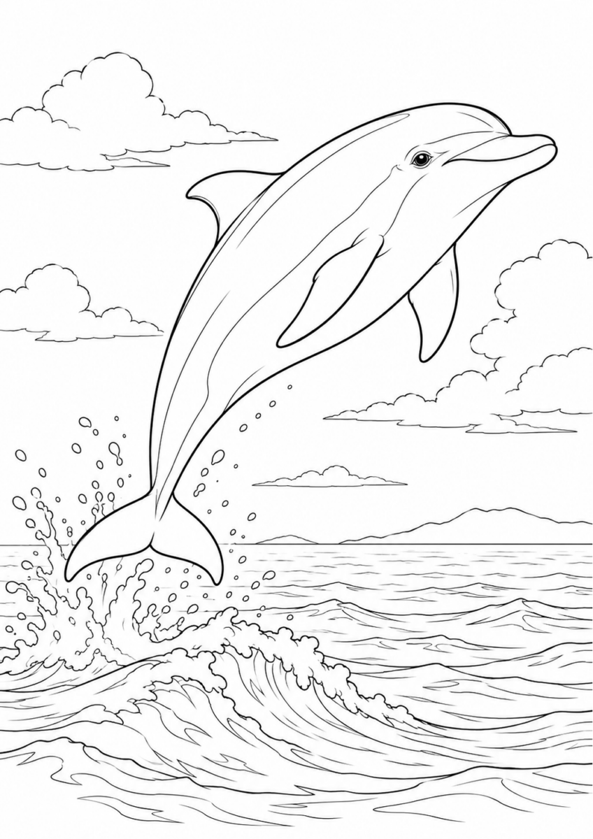 波の上を跳ぶイルカを描いた高齢者向けの白黒線画塗り絵