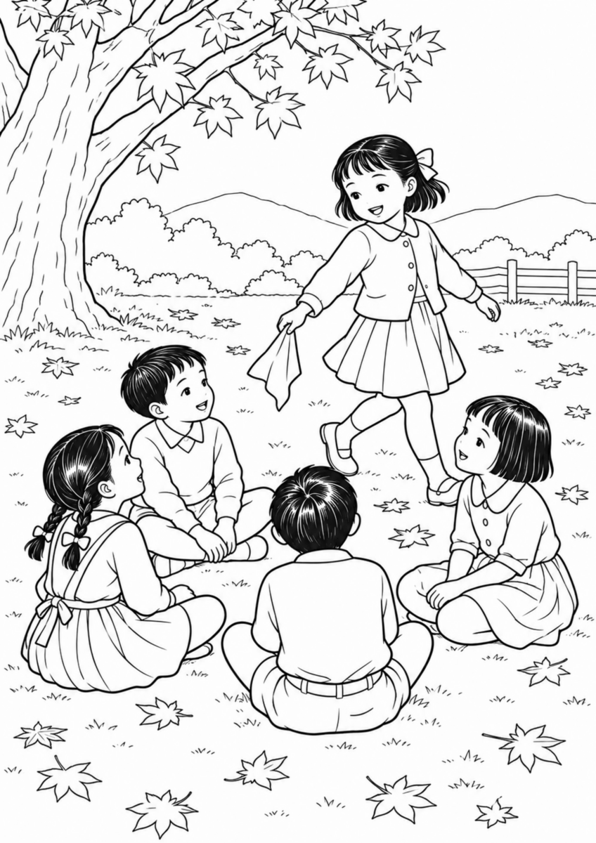 秋の広場で、輪になって座る四人の子どもと、その外側をハンカチを持って歩く一人を描く様子を、太く見やすい黒線で描いた高齢者向け塗り絵