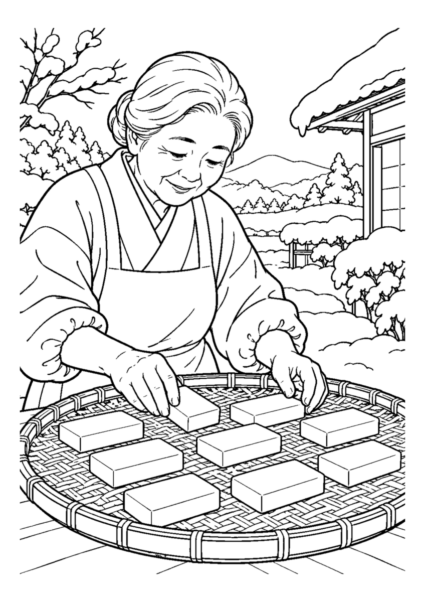 四角い切り餅を竹ざるへ間隔をあけて並べる。白黒の高齢者向け塗り絵