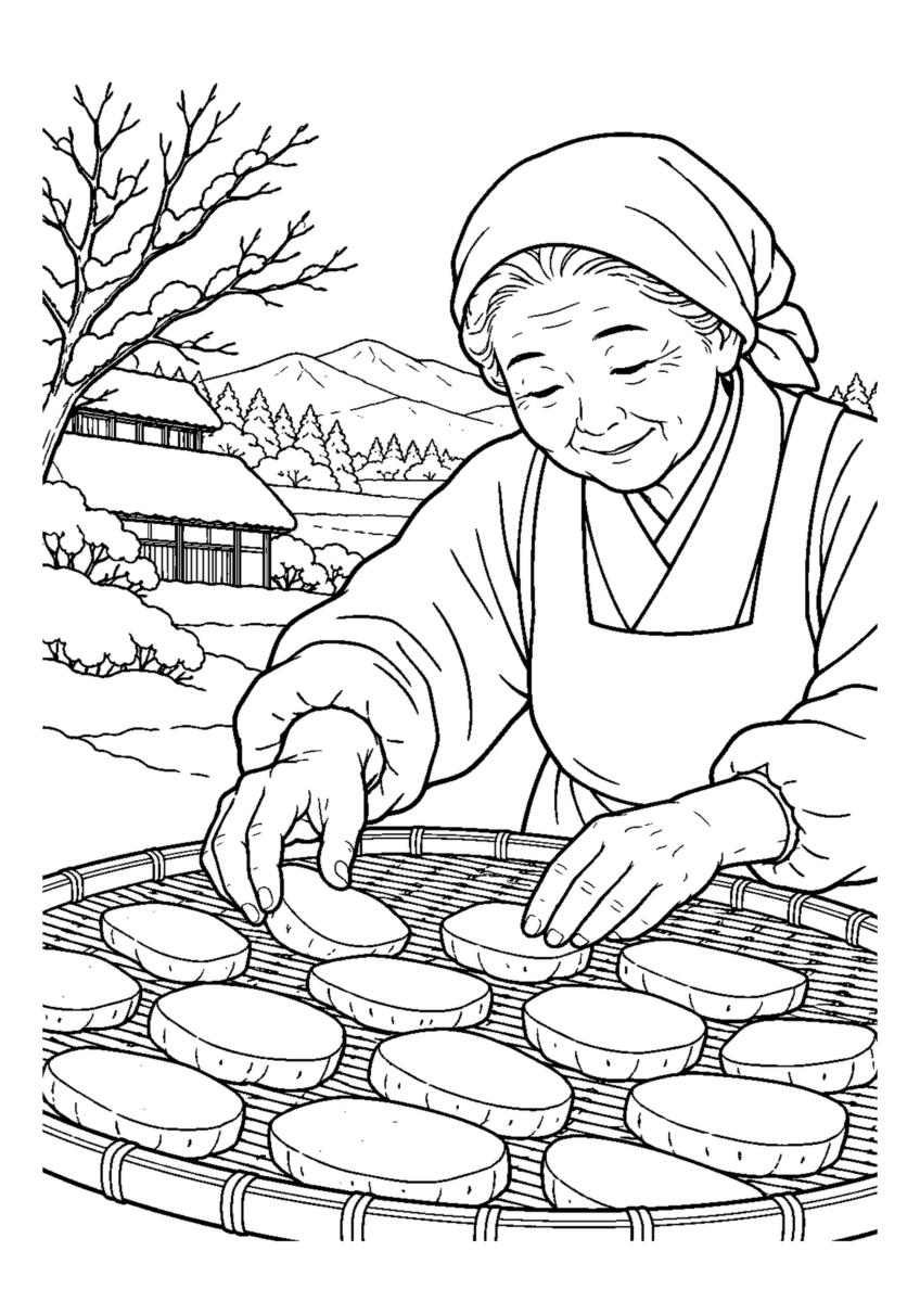【１２月】干し芋を並べるの塗り絵