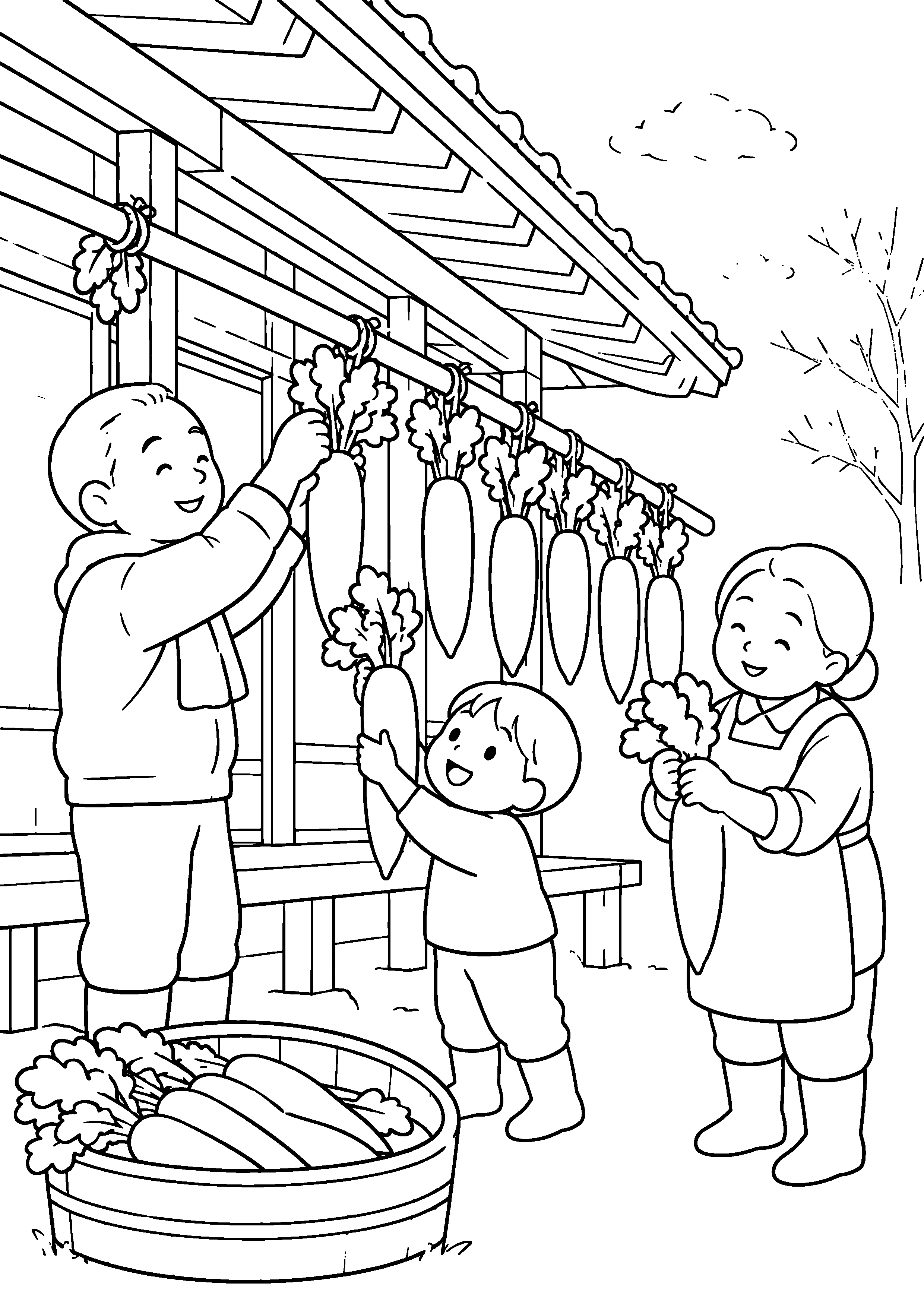 昭和の農家の軒下で、祖父母と子どもが洗った大根を横木に並べて干している様子を、太く見やすい黒線で描いた高齢者向け塗り絵