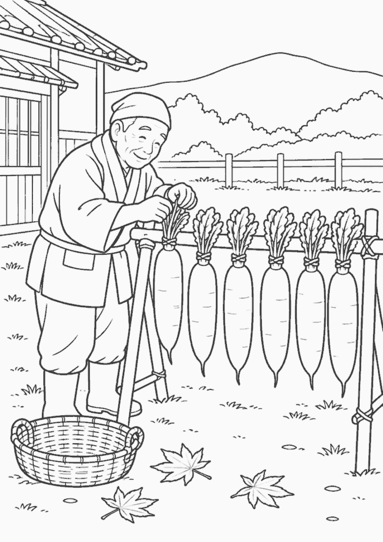 高齢男性が11月の農家の庭で大根を干す冬支度の白黒線画の塗り絵