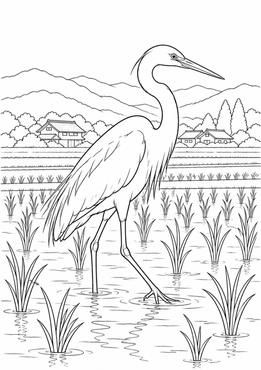 田んぼを歩くシラサギを描いた高齢者向けの白黒線画塗り絵