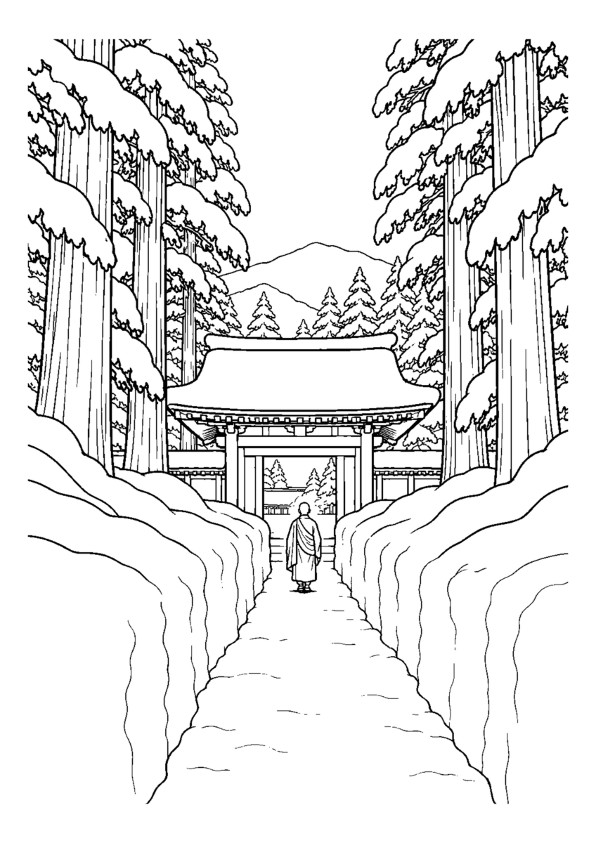 雪の回廊と杉林、僧侶1人を小さく描く。白黒の高齢者向け塗り絵