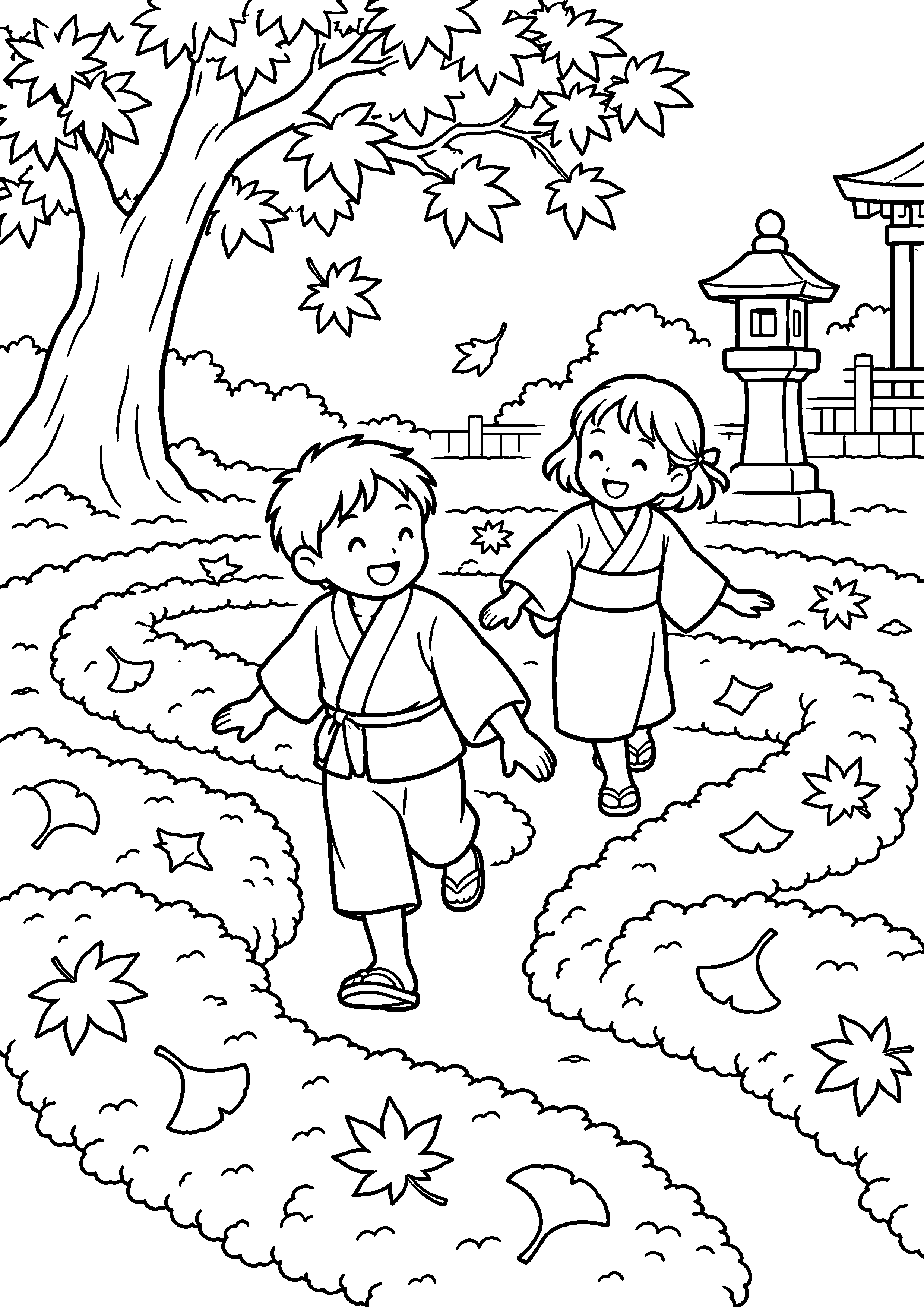 昭和の神社の境内で、二人の子どもが落ち葉を低く集めて作った簡単な迷路を歩いている様子を、太く見やすい黒線で描いた高齢者向け塗り絵