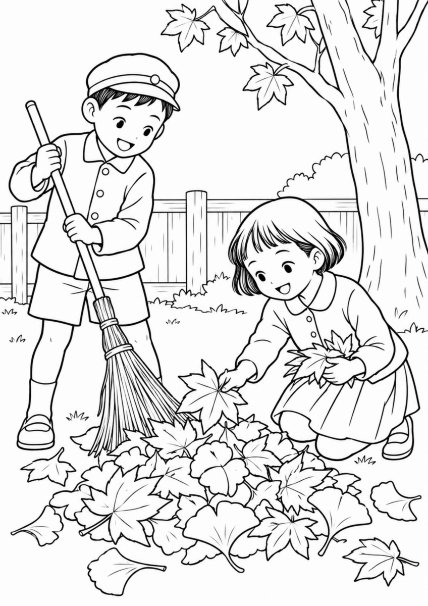 昭和の庭先で、二人の子どもが竹ぼうきと両手を使い、大きな紅葉とイチョウの葉を一つの山に集めている様子を、太く見やすい黒線で描いた高齢者向け塗り絵