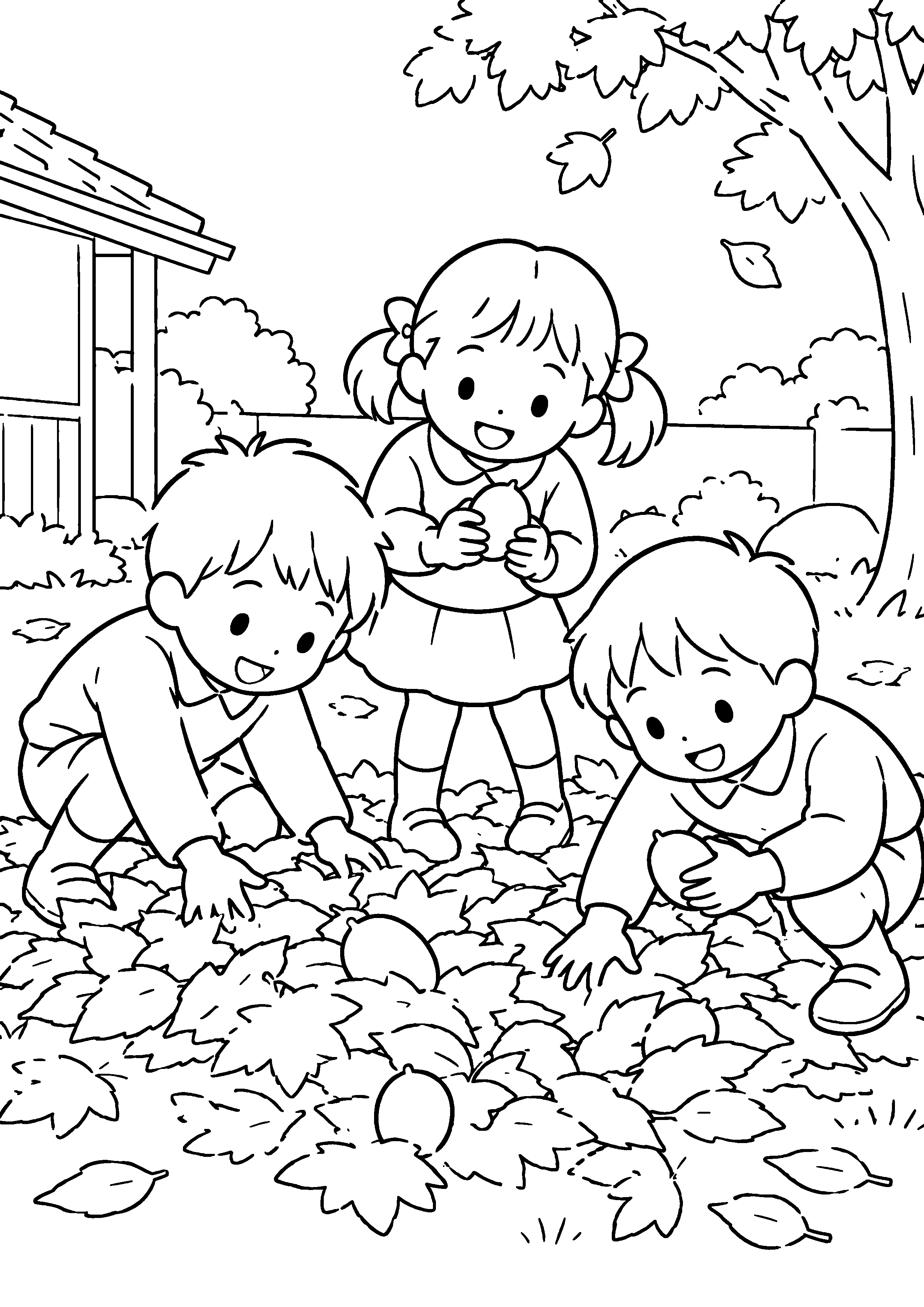 晩秋の庭で、三人の子どもが落ち葉の下に隠した大きな木の実を探している様子を、太く見やすい黒線で描いた高齢者向け塗り絵
