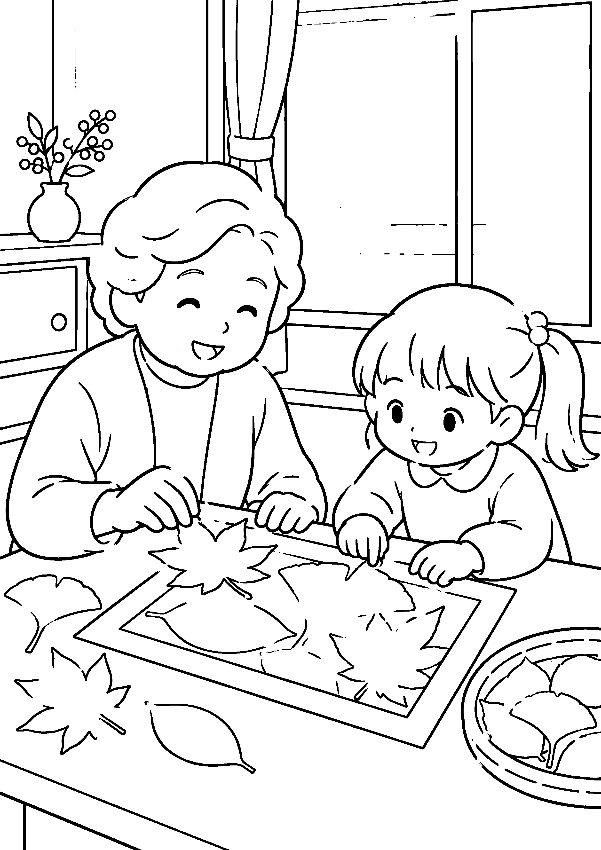 昭和の居間で、親子が大きな落ち葉を紙の枠に並べ、明るい窓辺の飾りを作っている様子を、太く見やすい黒線で描いた高齢者向け塗り絵