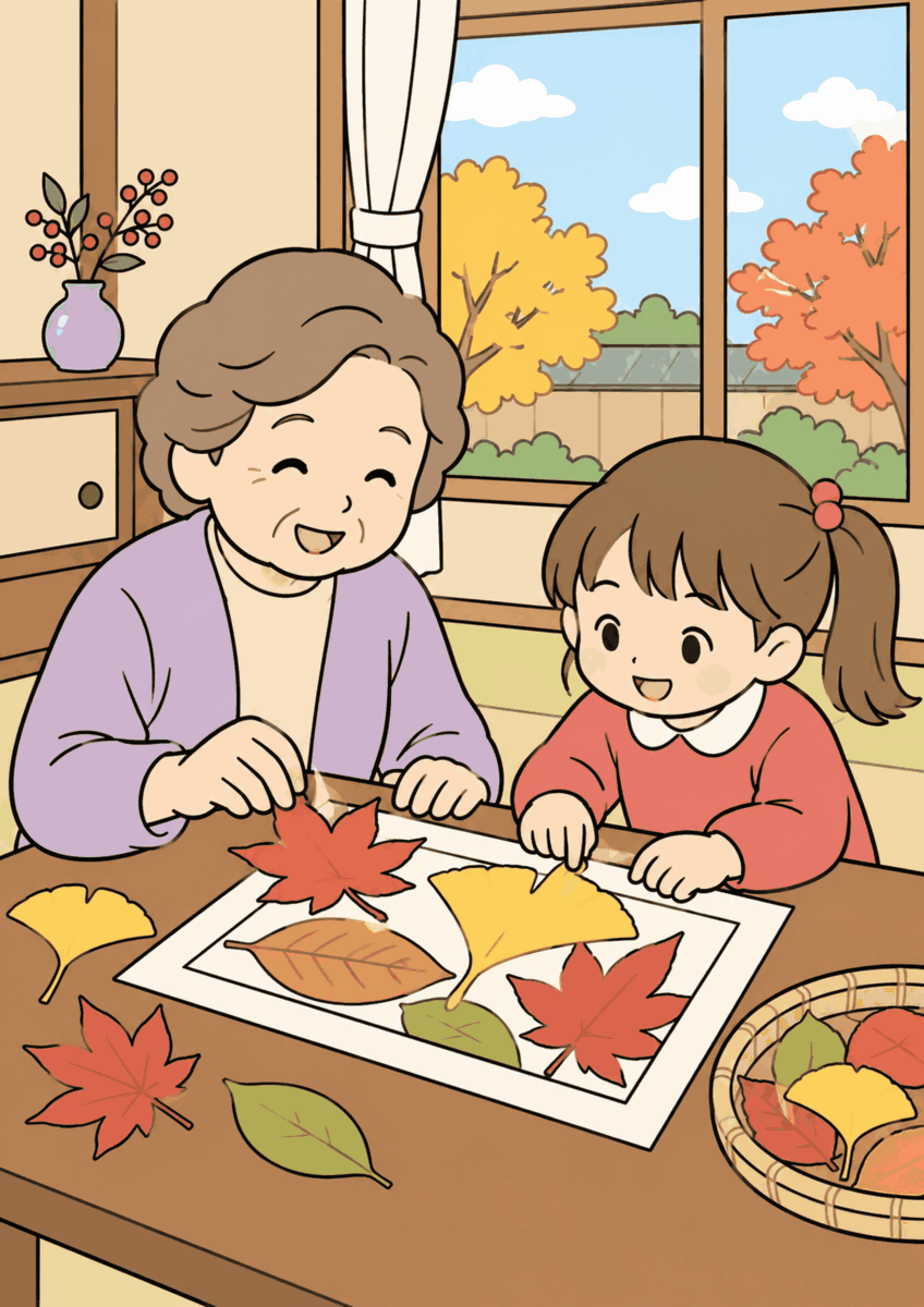 昭和の居間で、親子が大きな落ち葉を紙の枠に並べ、明るい窓辺の飾りを作っている同じ構図を、11月らしい赤、黄、茶、落ち着いた青や緑でやさしく彩った着色見本