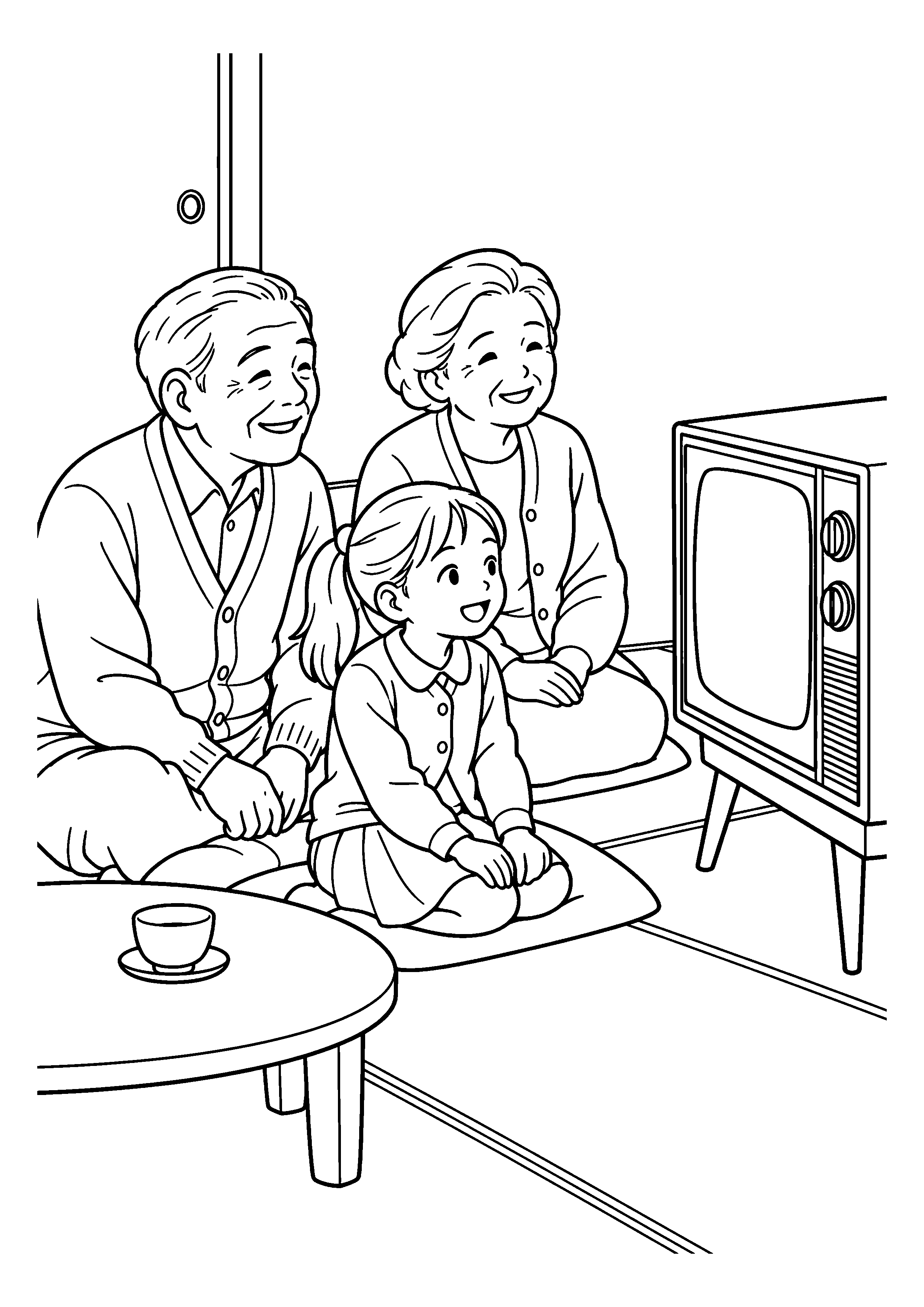 昭和４０年代の１１月をイメージしたテレビを囲む祖父母と孫の白黒塗り絵