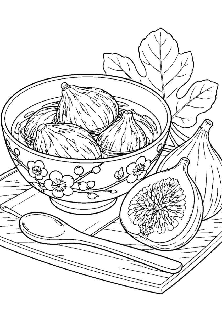 いちじくの甘露煮を10月の場面として描いた高齢者向けの白黒線画塗り絵