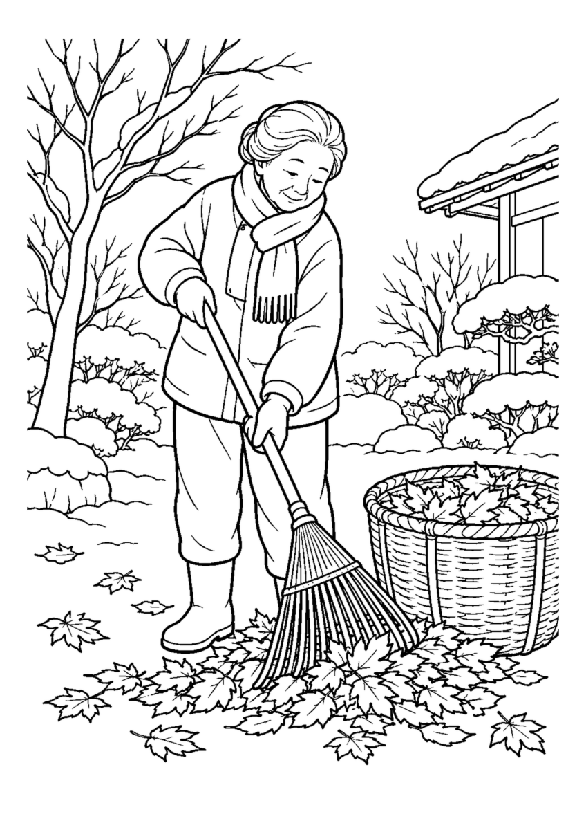 【１２月】庭の落ち葉を集め納めるの塗り絵