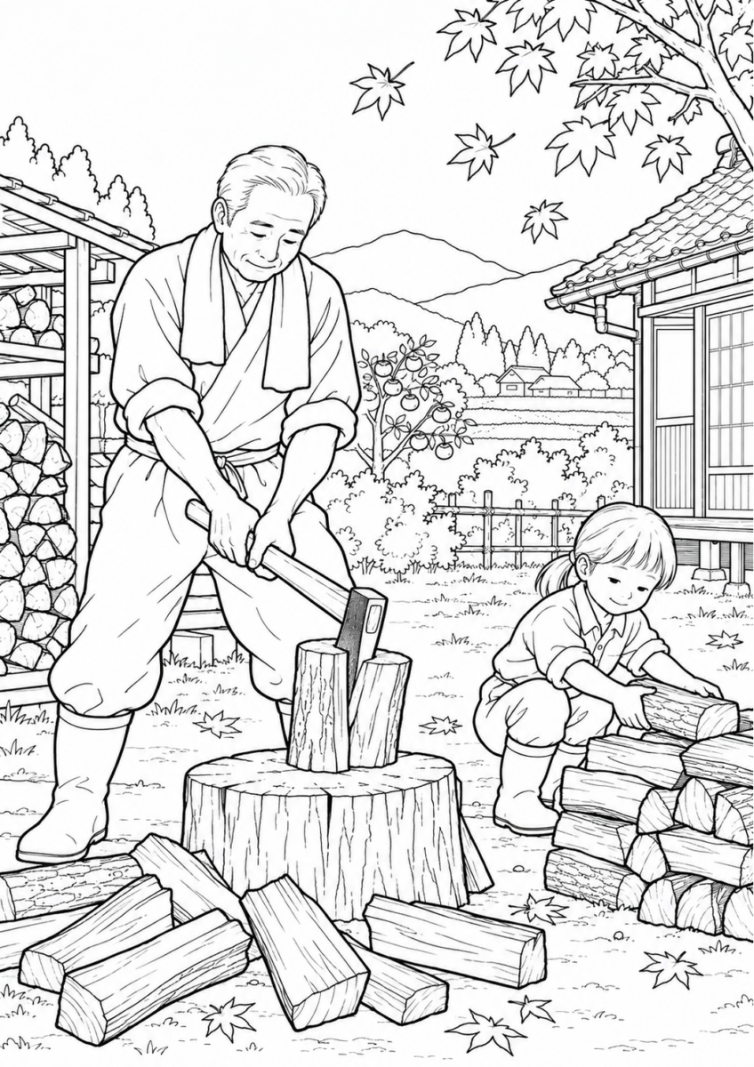 薪割りと薪積みを10月の場面として描いた高齢者向けの白黒線画塗り絵