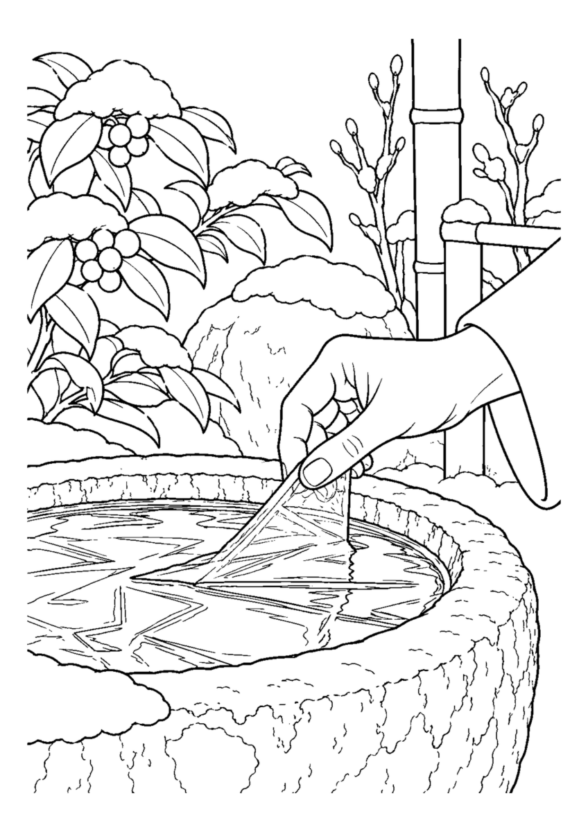 【１２月】初氷を割る水鉢の塗り絵