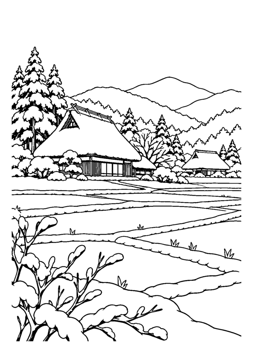 薄雪の田畑と茅葺き屋根、遠くの低い山を一場面にする。白黒の高齢者向け塗り絵