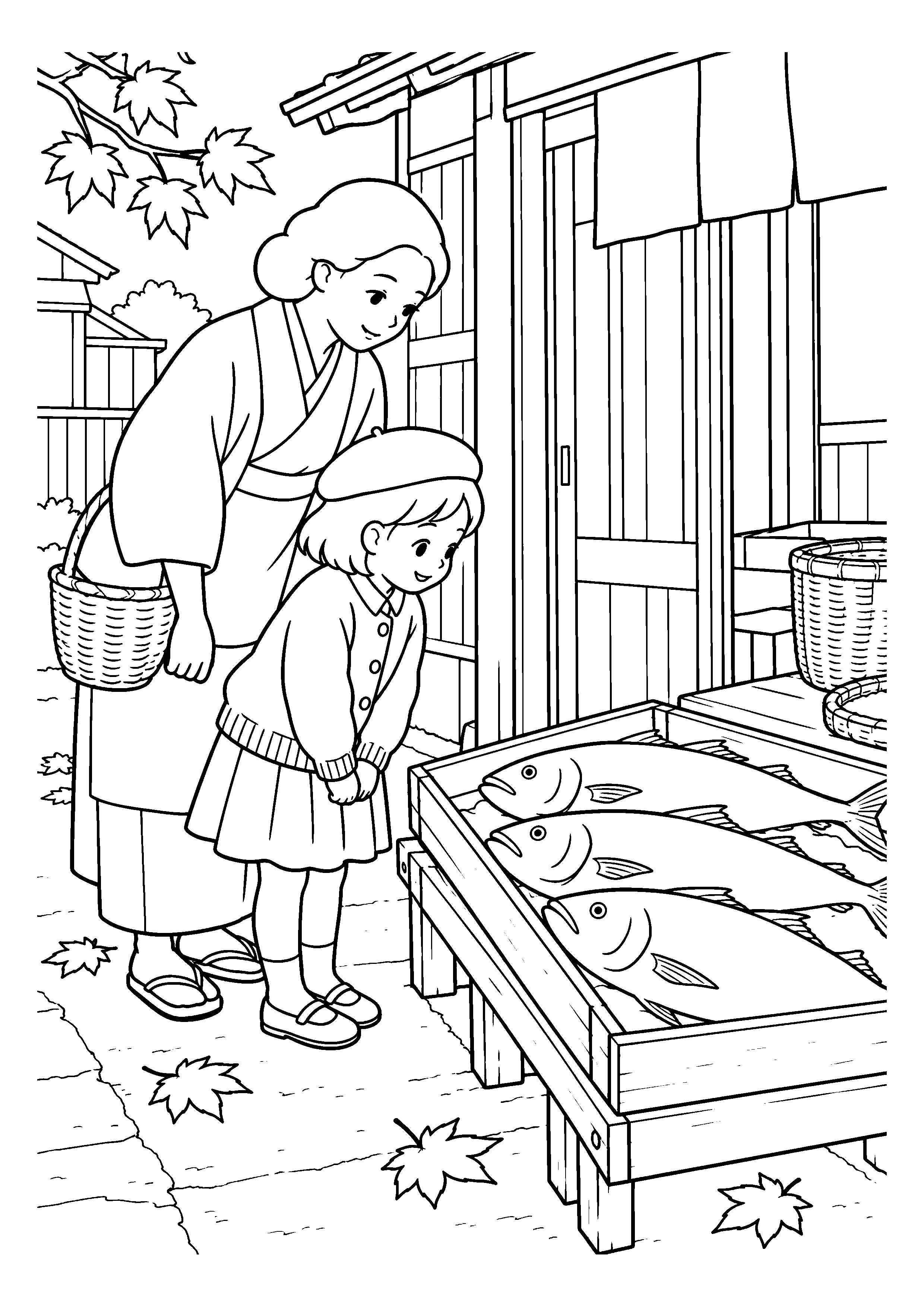 昭和２０年代後半の１１月をイメージした魚屋の店先でのお使いの白黒塗り絵