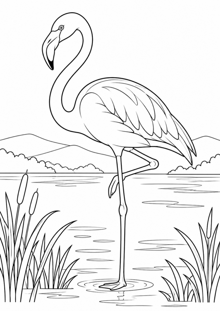 湖畔のフラミンゴを描いた高齢者向けの白黒線画塗り絵
