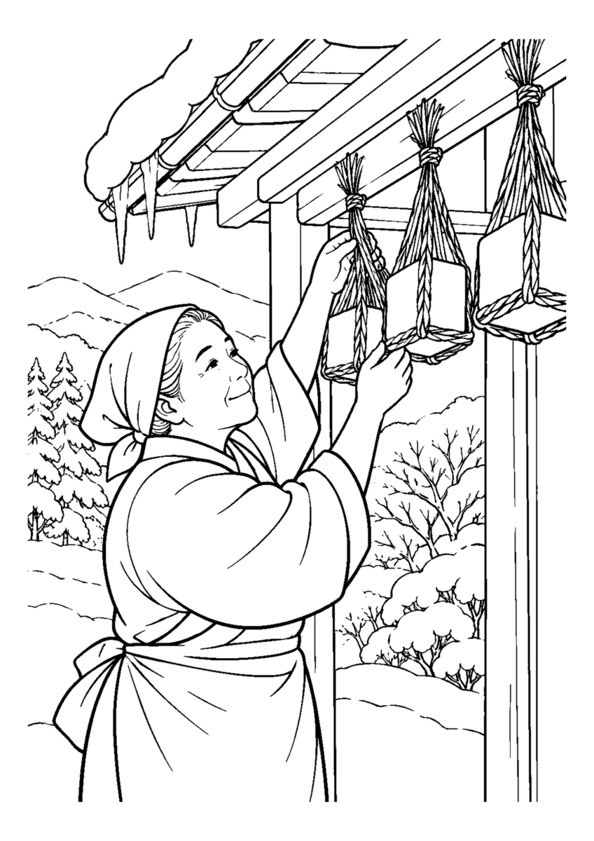 【１２月】凍み豆腐をつるすの塗り絵