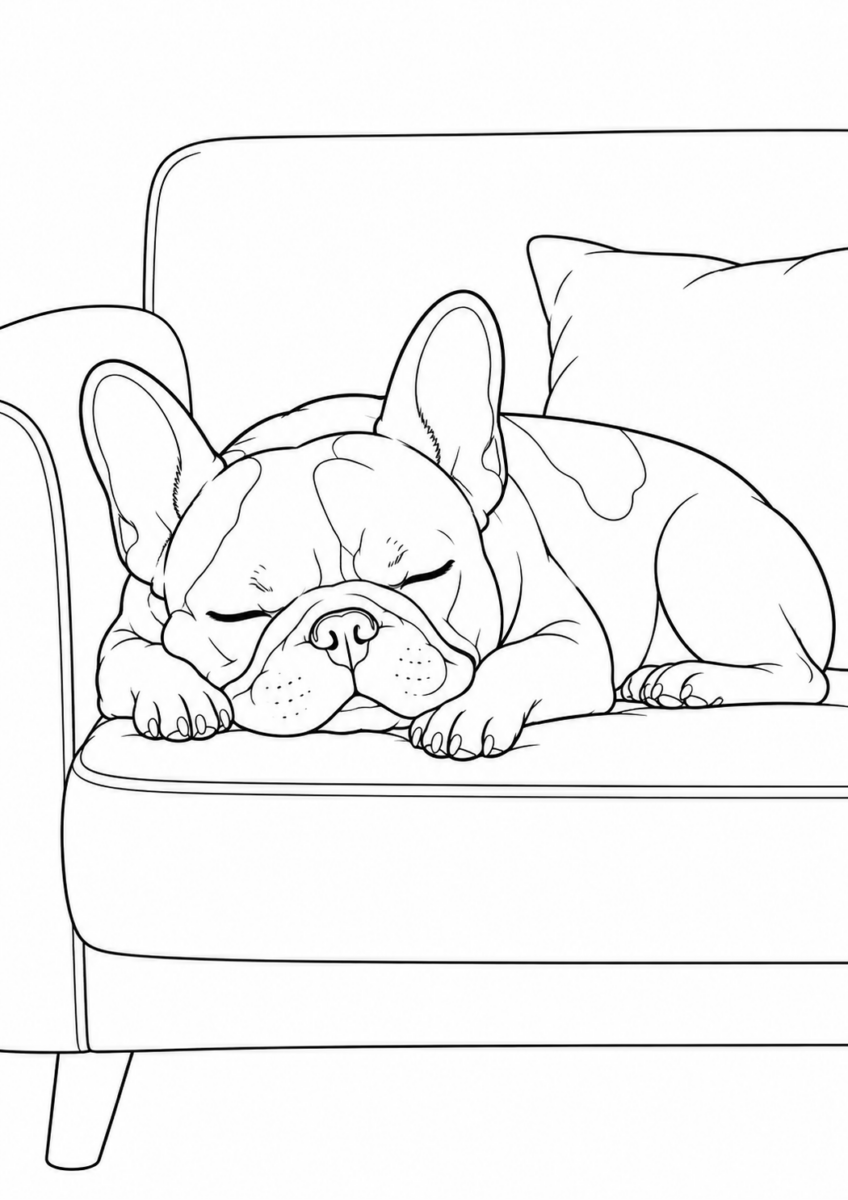 ソファで昼寝するフレンチブルドッグを描いた高齢者向けの白黒線画塗り絵