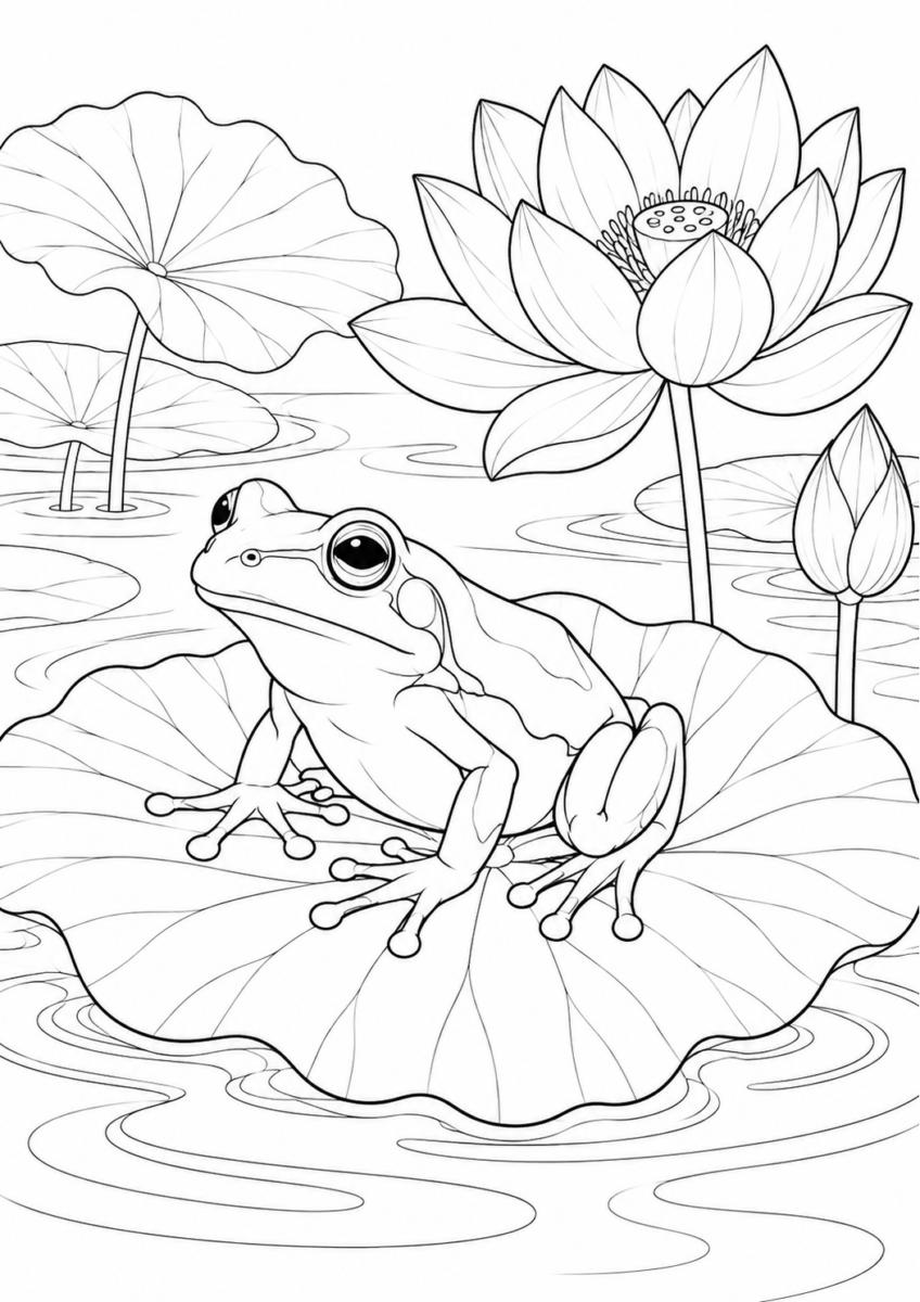 蓮の葉に乗るカエルを描いた高齢者向けの白黒線画塗り絵